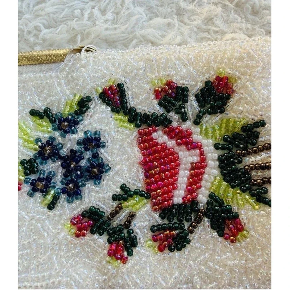 Vintage Floral Hand Beaded Fringe Chain Strap Tiny Seed Evening Purse Flapper